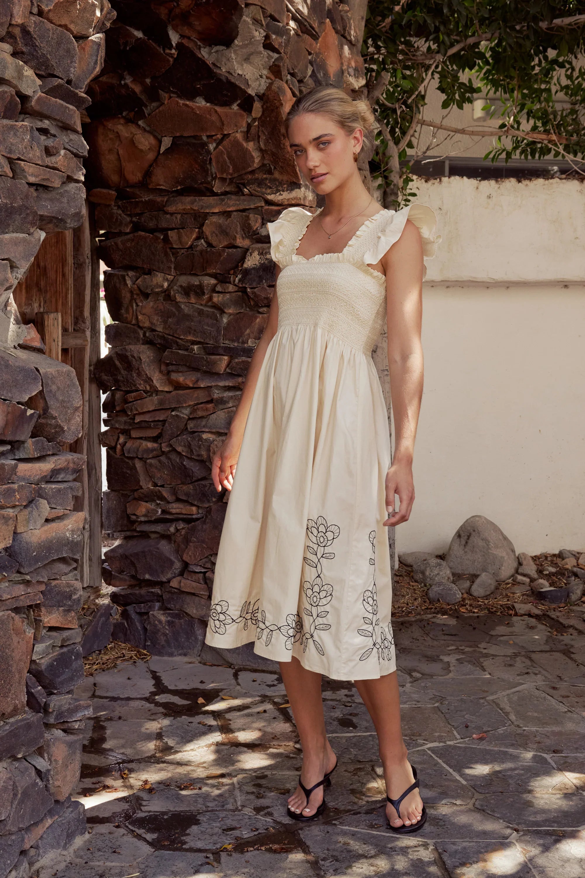 Lane Embroidered Midi Dress in Cream
