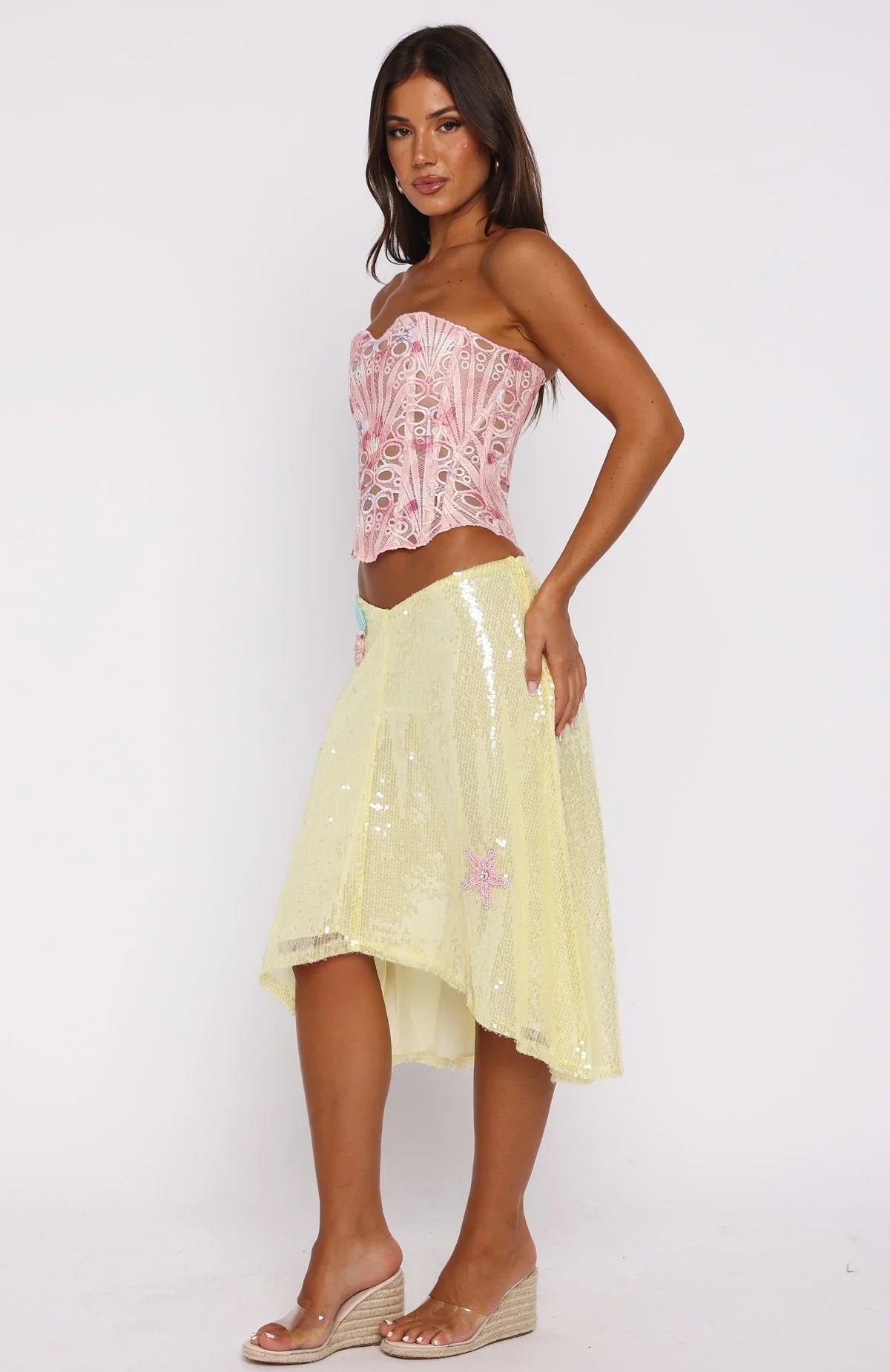 Stay For A While Sequin Midi Skirt Lemon Sorbet