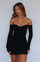 Running Out Of Time Off Shoulder Long Sleeve Mini Dress Black