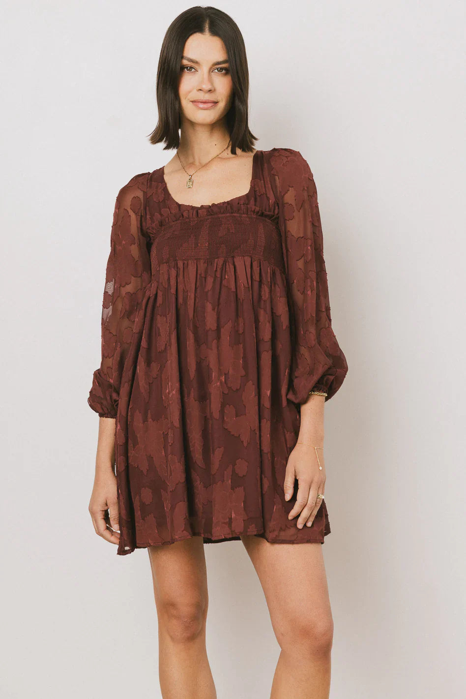 Miles Smocked Mini Dress in Red-Brown