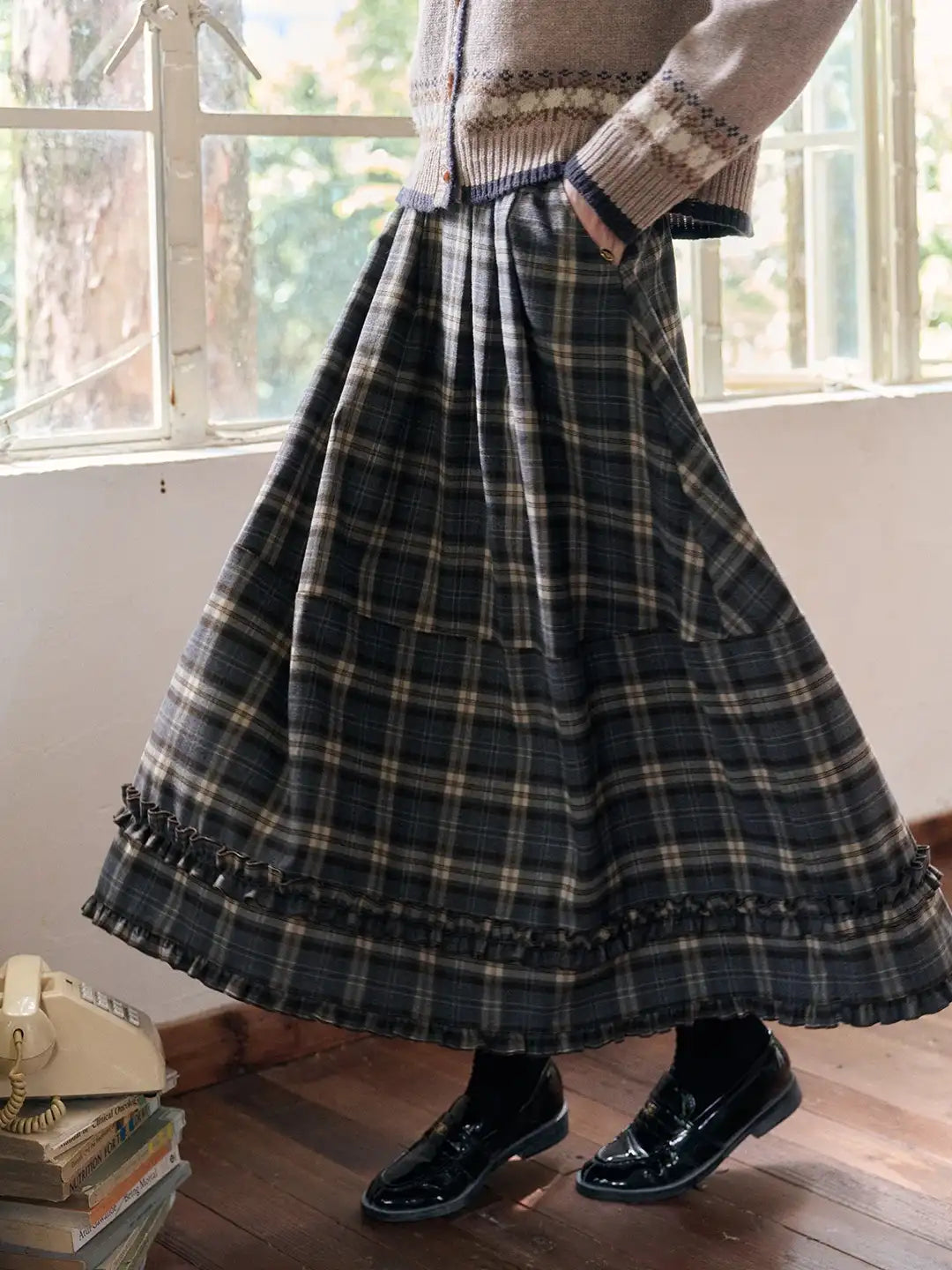 Pearl Ruffle Plaid Skirt