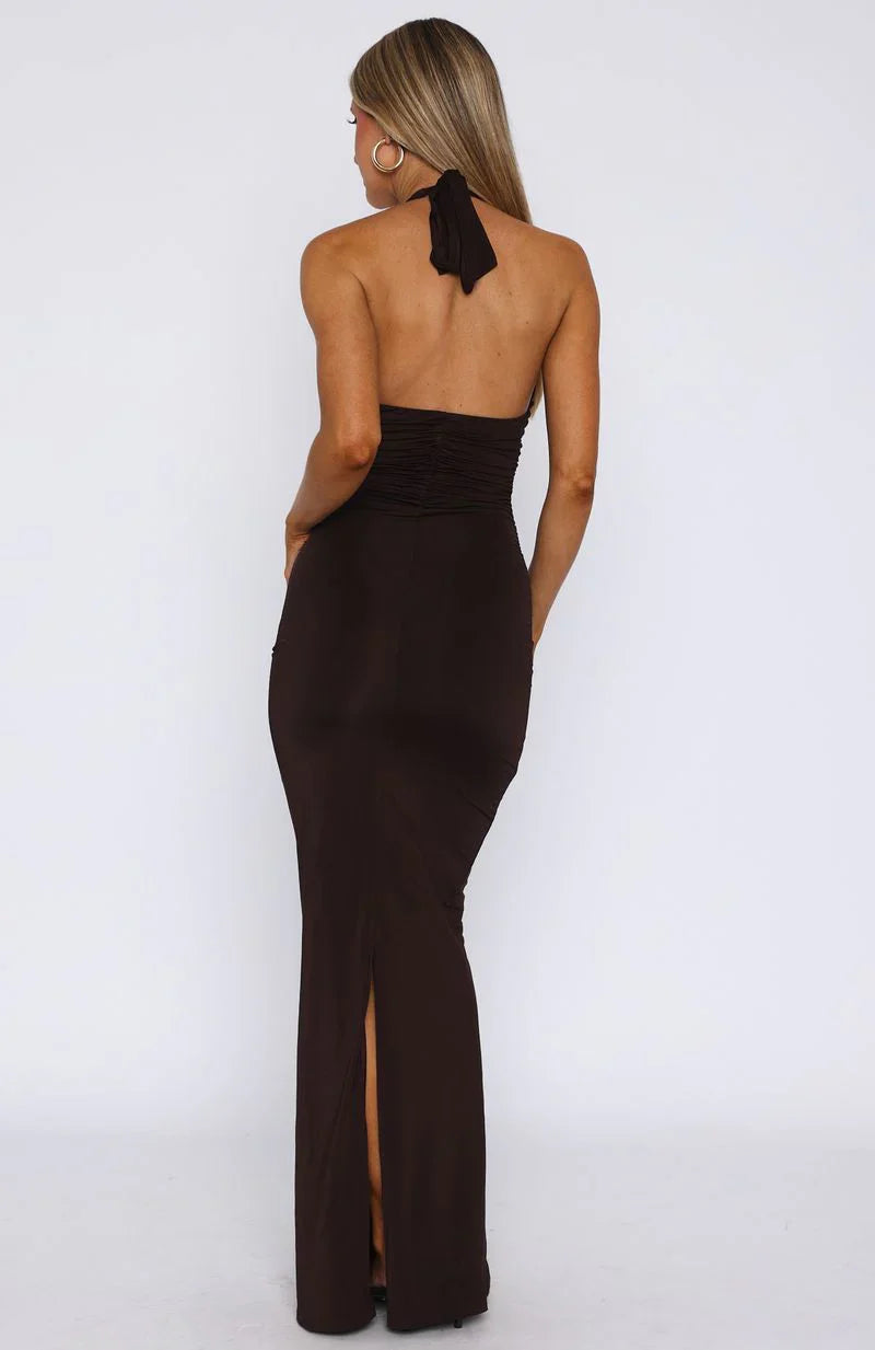 Waste A Moment Halter Maxi Dress Chocolate